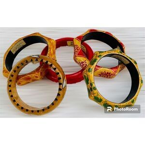 Vintage 5 PC Set Wooden Hand Painted Boho Bangles  From India